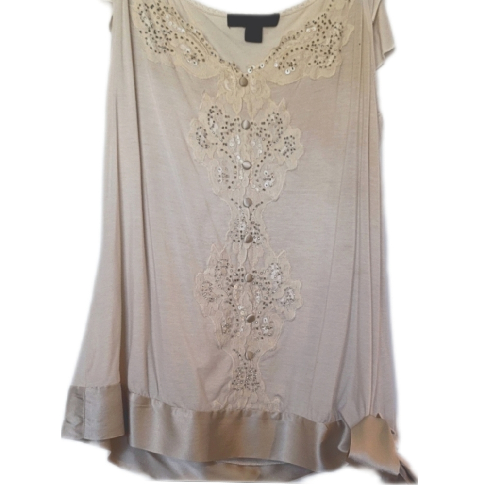 Express Shirt Sleeveless Womens Cream Tan Size L Beaded Tie Waist Ruffles